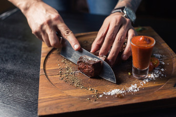 chef cooking food kitchen restaurant cutting cook hands hotel man male knife preparation fresh preparing concept - stock image