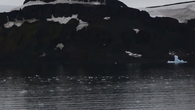 Franz-Joseph Land. Rocks, Islands, snowfields, in strait floats small ice

