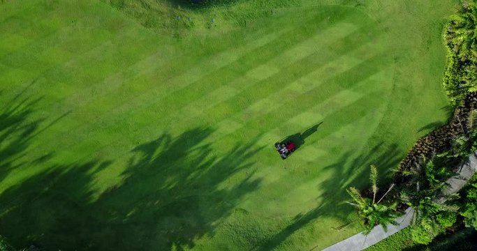 Aerial view of the worker cut grass on a golf course.
