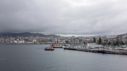 Panoramic view of Vigo, Spain on an overcast day as seen from the water