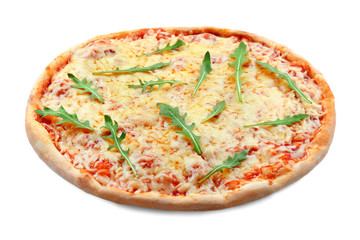 Delicious pizza with melted cheese and rocket salad on white background
