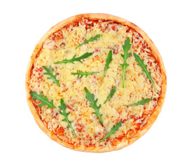 Delicious pizza with melted cheese and rocket salad on white background