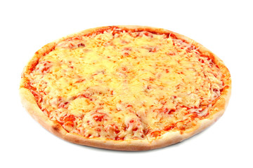 Delicious pizza with sauce and melted cheese on white background