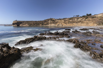 Tidal pool motion blur water at Abalone Cove Shoreline Park in Southern California.