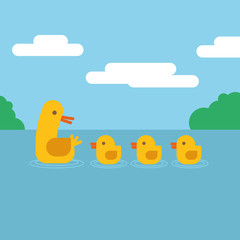 Duck and ducklings swimming in water. Vector illustration flat design.