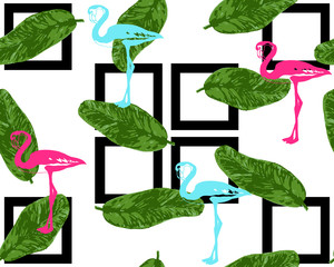 Cute seamless pattern with flamingos and palm. Vector background with birds. cute flamingo. flamingo pattern. flamingo background. pink flamingo. flamingo and palms. flamingo and stripes.