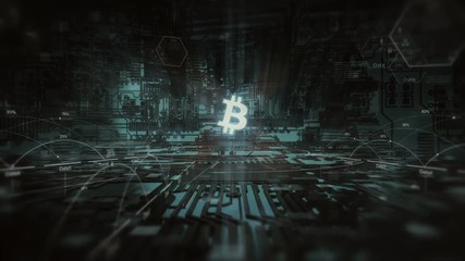 Abstract animation of bitcoin currency sign in digital cyberspace green light - Powered by Adobe