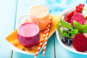 Detox diet - smoothies from beet and carrots. Selective focus. Copy space