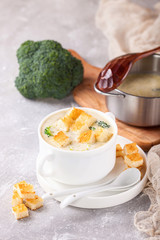 Broccoli cheese cream soup. Selective focus. Copy space