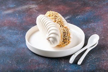 Meringue cake. Selective focus. Copy space