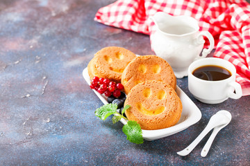 Biscuit cake. Selective focus. Copy space