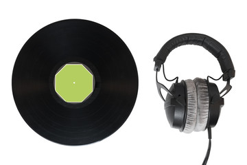 Headphones and vinyl on white isolated background