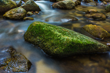 Water stream past rocks with smooth flowing water.it is the little river in rainforest.