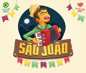 Sao Joao (Saint John) sign with happy hillbilly playing the accordion - Brazilian June Party - Multiple layers creative high quality vector cartoon for june party themes - Made in Brazil with love