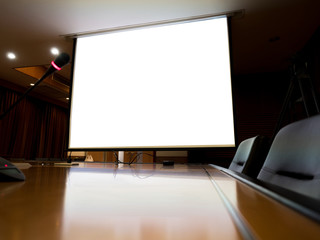blank projecter white screen on duty in the dark room