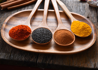 Herbs and Spices over wooden background