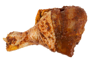 Marinated in sweet pepper powder Chicken drumstick, leg with bone and skin on white background. ready for bake or grill. Isolated, great for texture. Narrow Aperture shot especially for texture use.