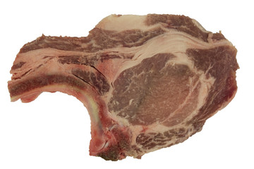 Raw Pork chop with bones on white background. Isolated, great for texture. Narrow Aperture shot especially for texture use. Right side.