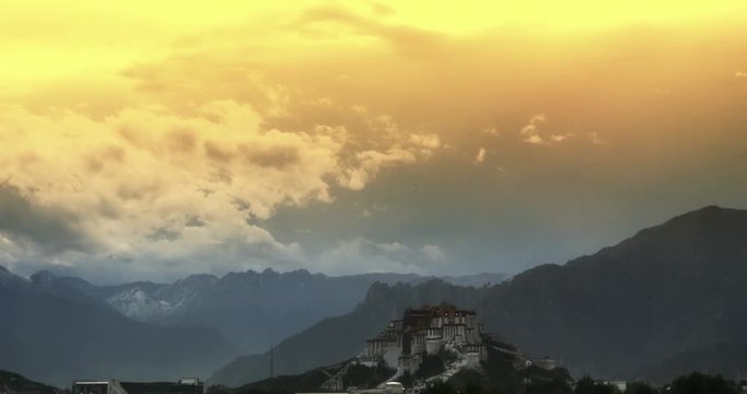 4k Potala Palace in the morning,Lhasa,Tibet.time lapse clouds flying over mountains.