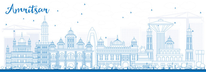 Outline Amritsar Skyline with Blue Buildings.