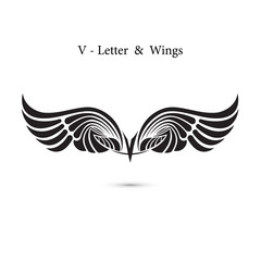 V-letter sign and angel wings.Monogram wing logo mockup.Classic emblem.Elegant dynamic alphabet letters with wings.Creative design element.Corporate branding identity.Flat web design wings icon.