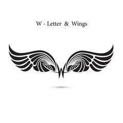 W-letter sign and angel wings.Monogram wing logo mockup.Classic emblem.Elegant dynamic alphabet letters with wings.Creative design element.Corporate branding identity.Flat web design wings icon.