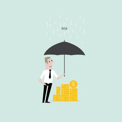 Manager,office worker or businessman with the beard holding an open umbrella over golden coins. Concept of business insurance.