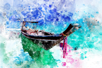 Boat rafting in the dam, with watercolor art.