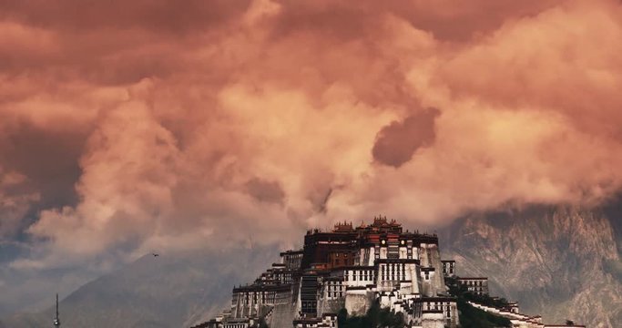 4k Potala Palace in the morning,Lhasa,Tibet.timelapse clouds rolling over mountains.