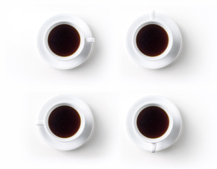 Top view of cup of hot black tea on white background desk for mockup, collection of diverse angle.