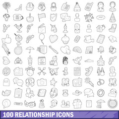 100 relationship icons set, outline style