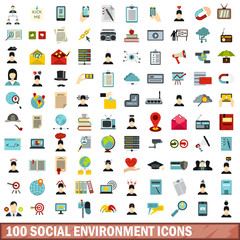 100 social environment icons set, flat style