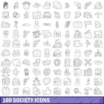 100 society icons set, outline style