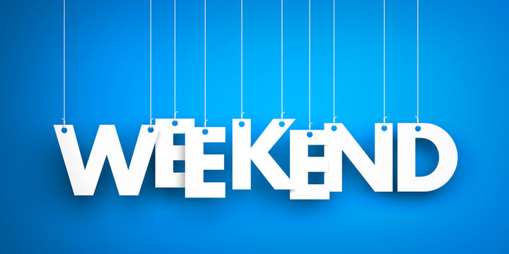 Weekend - white word on blue background. 3d illustration