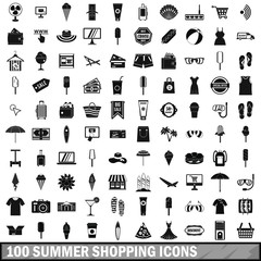 100 summer shopping icons set, simple style 