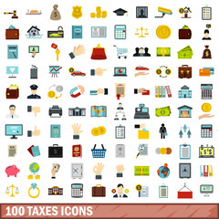 100 taxes icons set, flat style