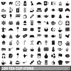 100 tea cup icons set, simple style 