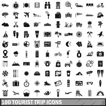 100 tourist trip icons set, simple style 