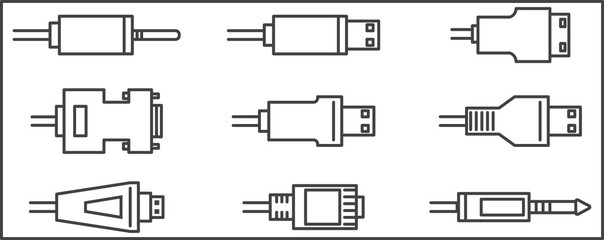 Kinds of plugs, Wire cleverness, vector image, outline style, icon set