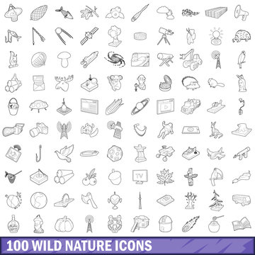 100 wild nature icons set, outline style