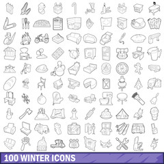 100 winter icons set, outline style