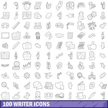 100 writer icons set, outline style