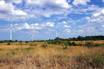 Clean Wind Power Generators at the field with blue sky and white clouds on the background