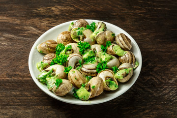 Snails in green butter and herbs sauce, typical French dish