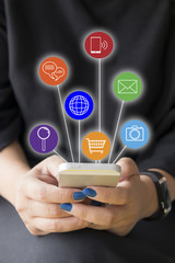 hands woman holding smart phone and communication line icons