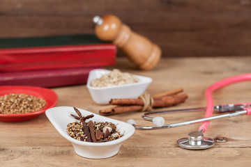 herbs, or spices added to food to enhance the flavor and health medicine.
