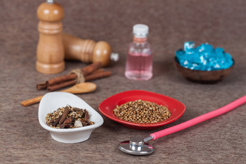 herbs, or spices added to food to enhance the flavor and health medicine.