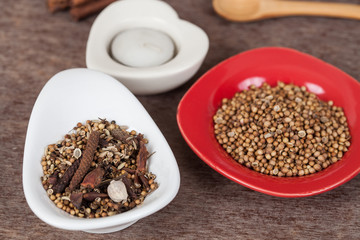 herbs, or spices added to food to enhance the flavor and health medicine.