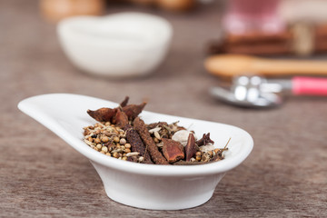 herbs, or spices added to food to enhance the flavor and health medicine.