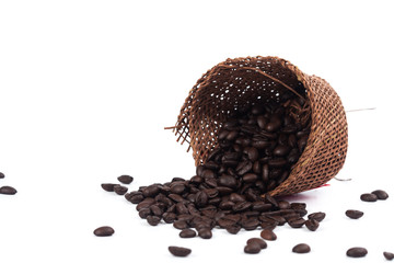 coffee bean in brown sack on white